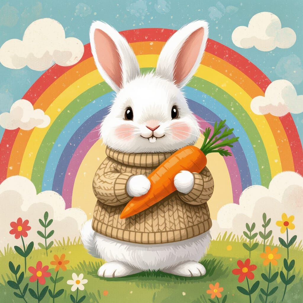 Fluffy Bunny with Carrot in Watercolor Style