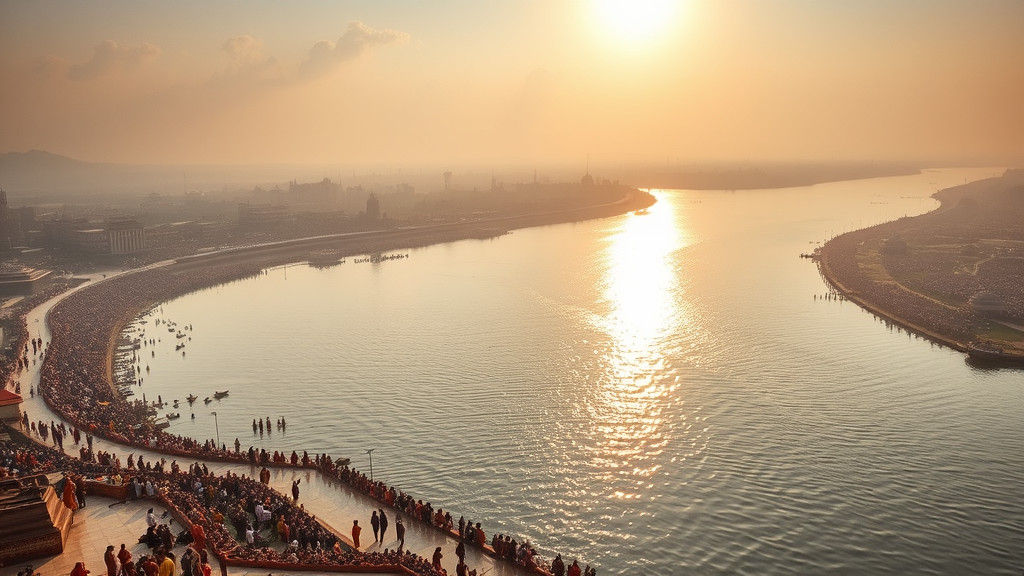 Triveni Sangam Confluence at Sunrise: A Divine Aerial View