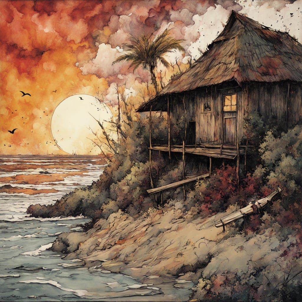 Mysterious Sunset on a Bamboo Beach Shack