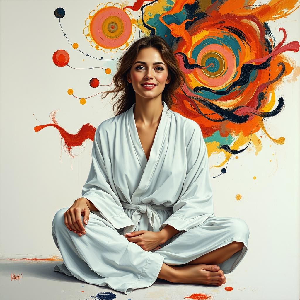Serene Woman Watching Swirling Thoughts as Oil Painting