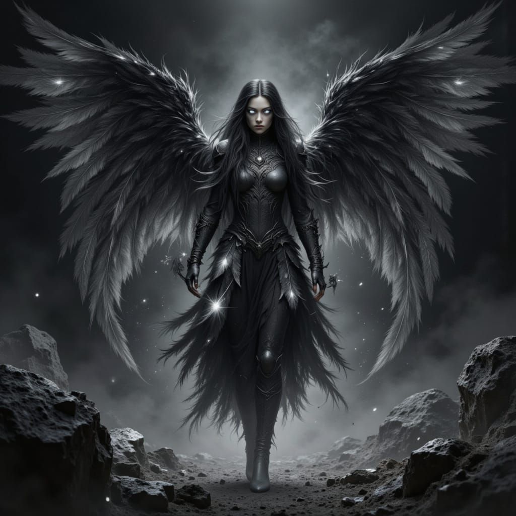 Dark Angel with Featherborn Wings in Storm