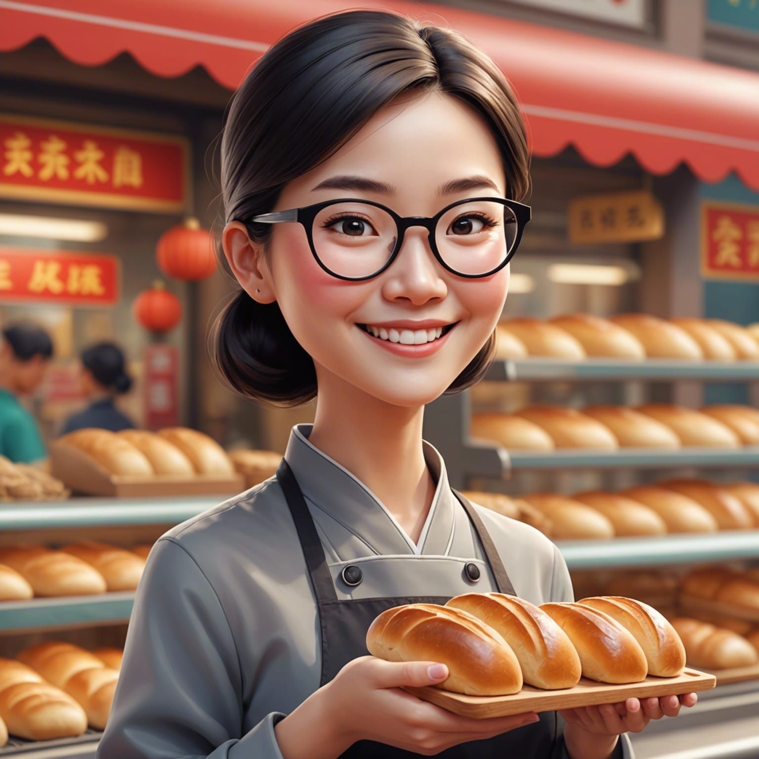 Illustration Chinese market style. A short straight hair Chinese lady baker wearing black framed glasses holding a fresh...