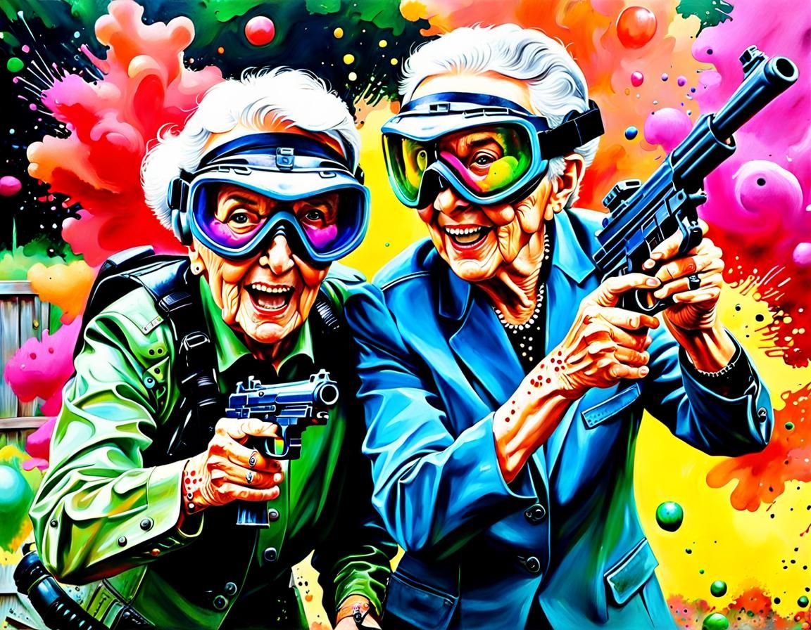 Octogenarian Couple Paintballing: An Oil Painting