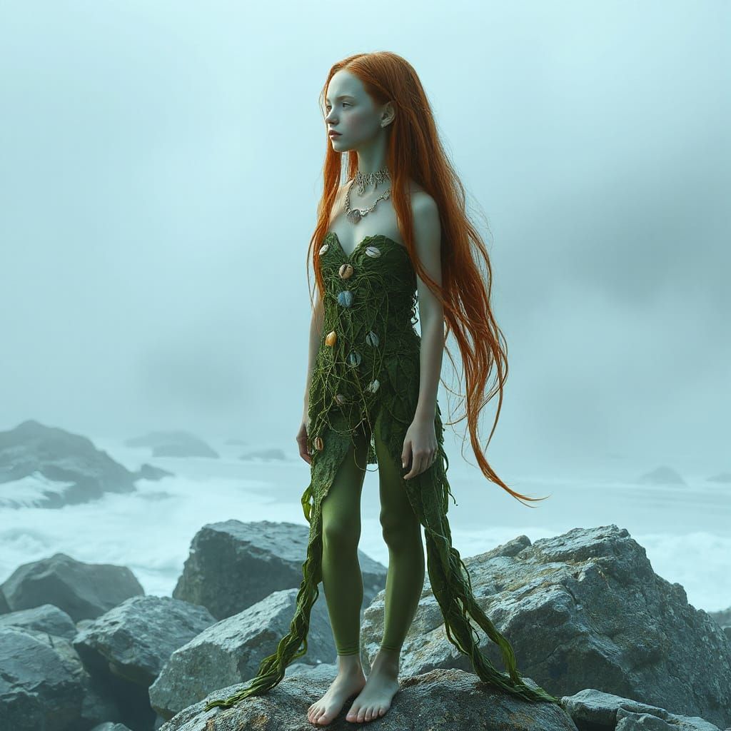 Ethereal Redhead on Misty Shore in Dreamy Style
