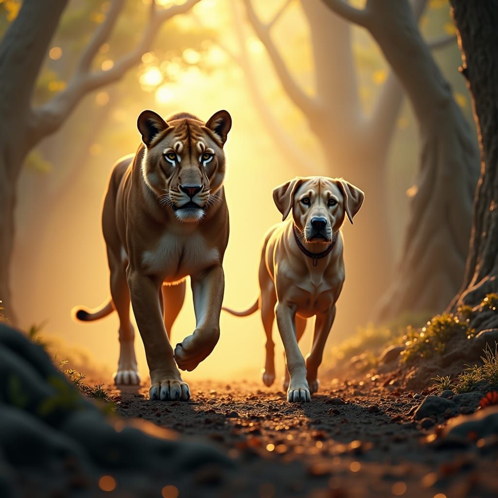 Lioness and Labrador Hunt in Golden Light