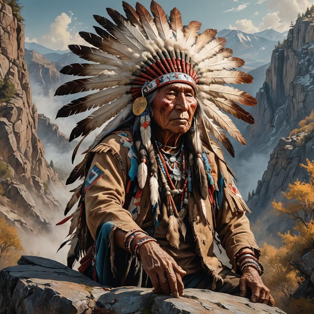 Native American on Mountain: Hyperrealistic Splash Art