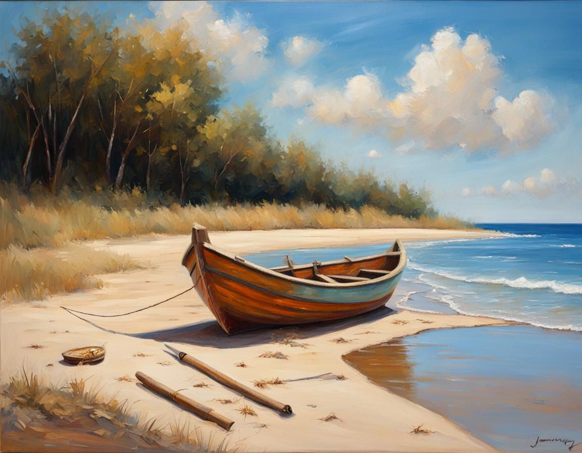 Fisherman's Boat on Sandy Beach, Oil Painting