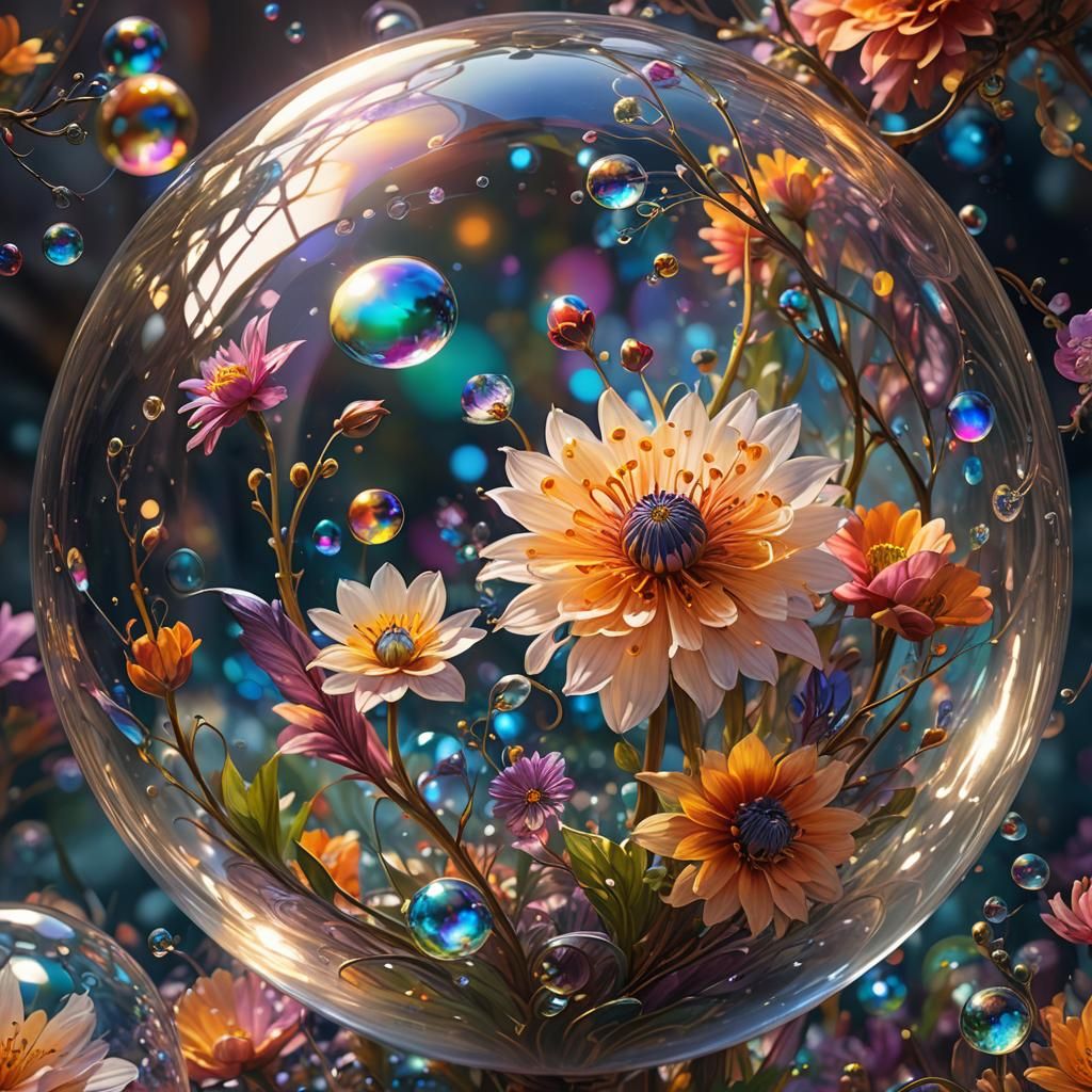 Intricate Flower Blooms Inside Transparent Bubble