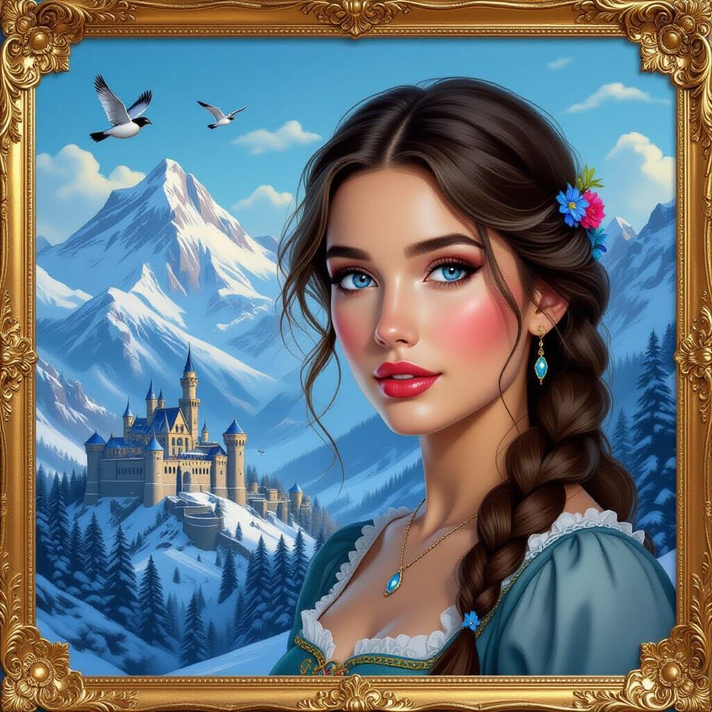 Woman with Blue Eyes in Winter Mountain Landscape