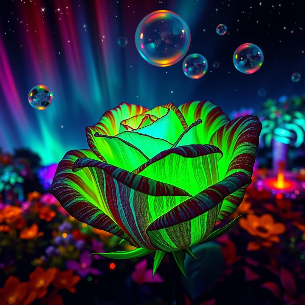 Bioluminescent Rose in a Fluorescent Rainbow Garden