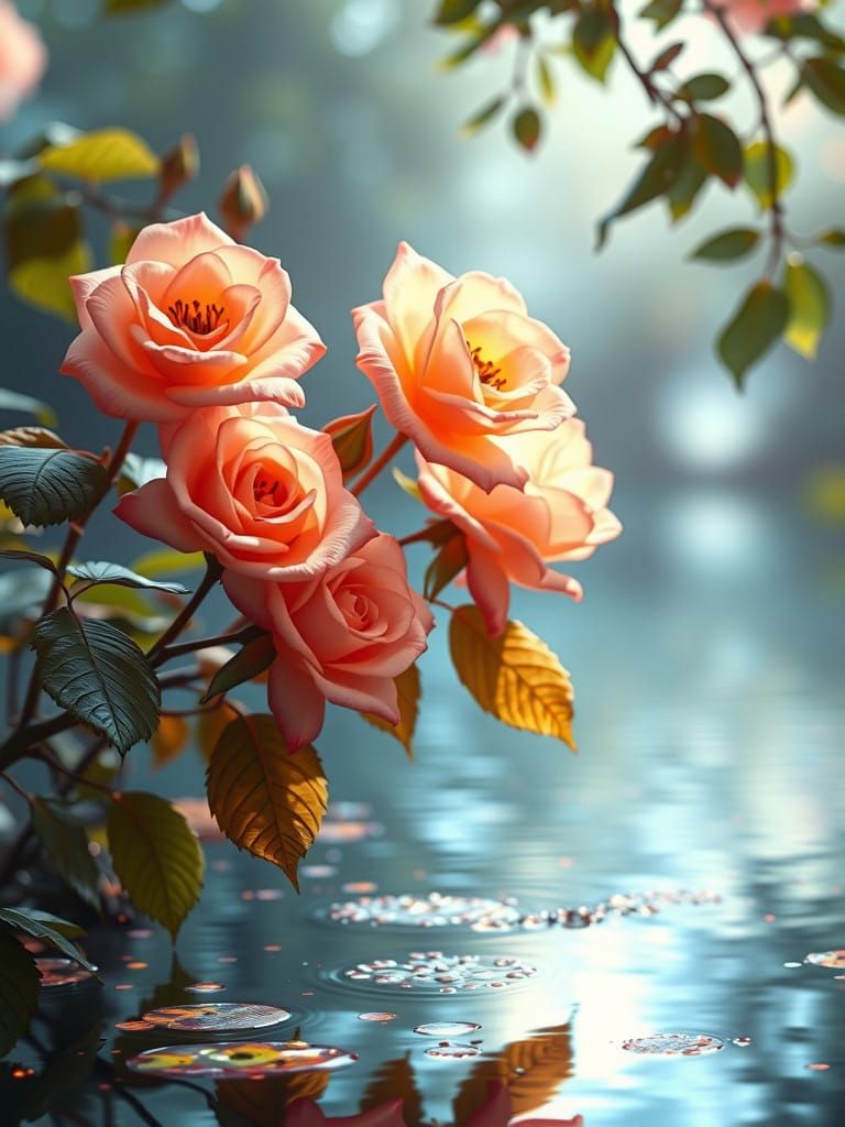 Celestial Roses in Golden Hush with Glowing Orbs