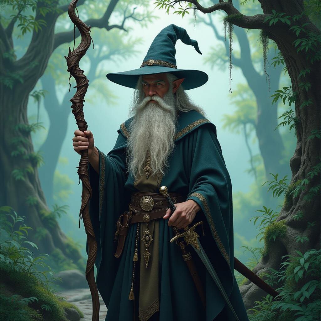Elven Wizard in Mystical Forest, Frazetta Style