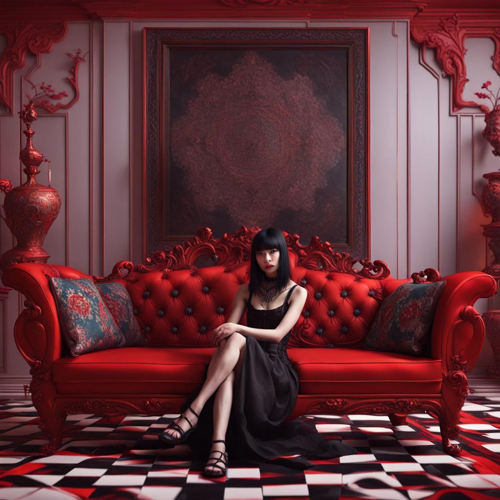 Psychedelic Asian Goth Girl on Red Divan