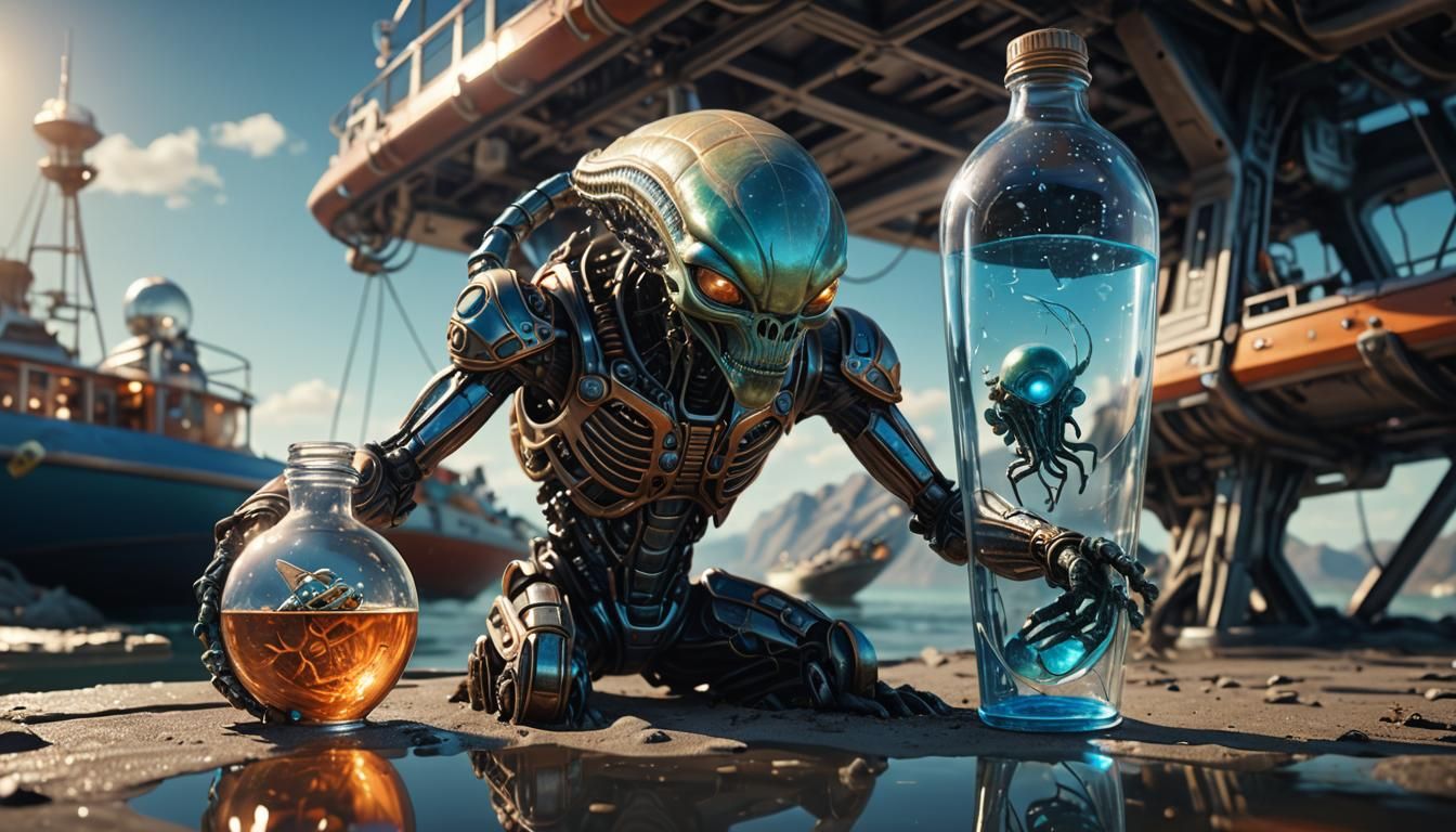 Alien Crafts Mechanical Ship in a Bottle