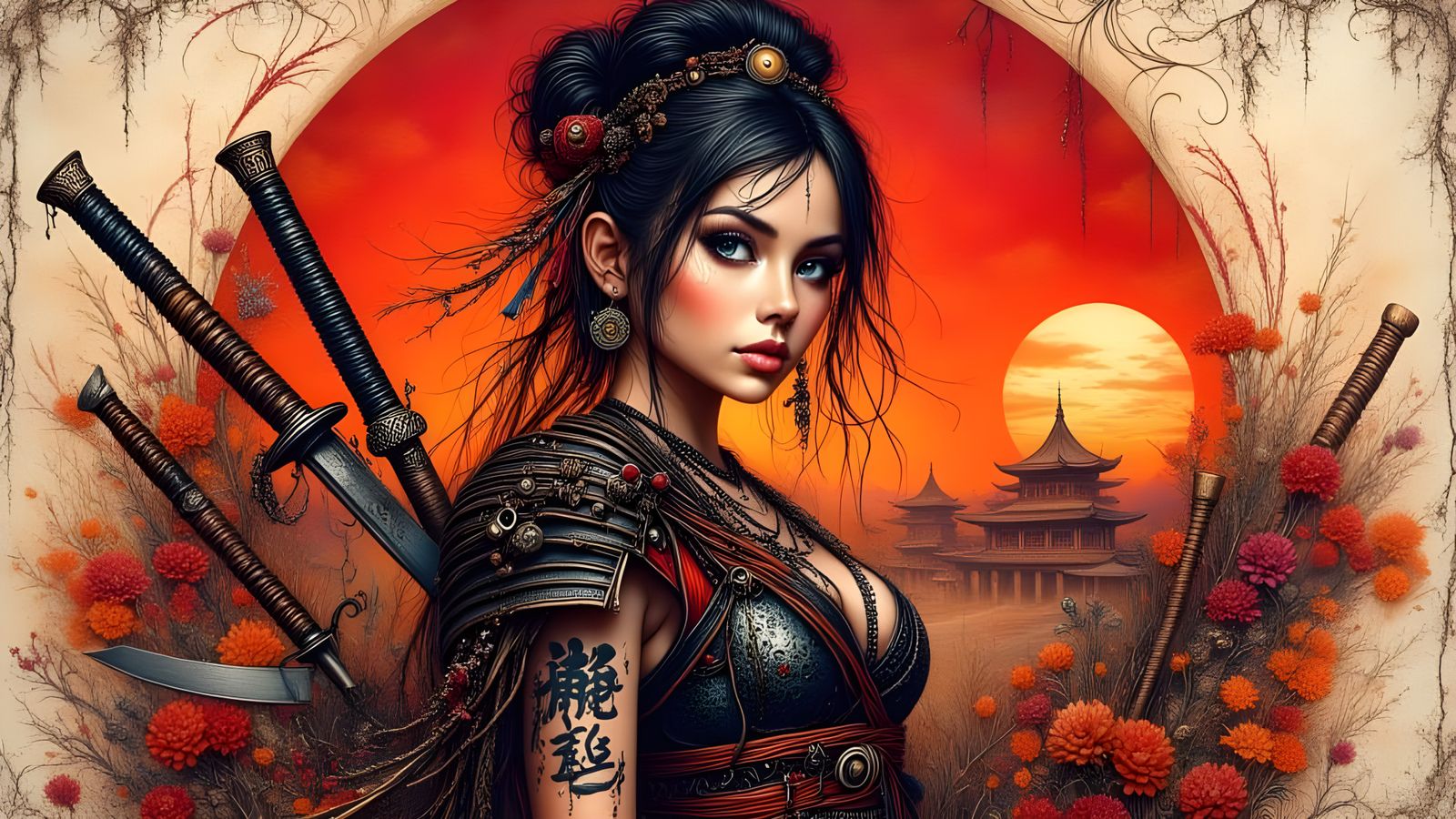 <lora:Zentangled:1.0> <lora:Whimsical:1.0> <lora:Hand Drawn Bohemian:1.0> A highly detailed and dramatic painting of a y...