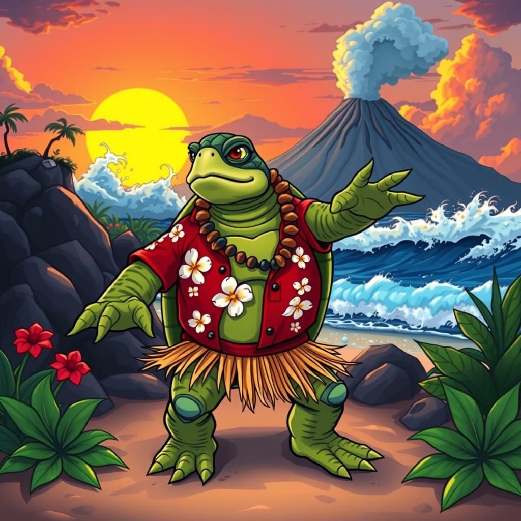 Hawaiian Sea Turtle Performing Haka Dance Illustration