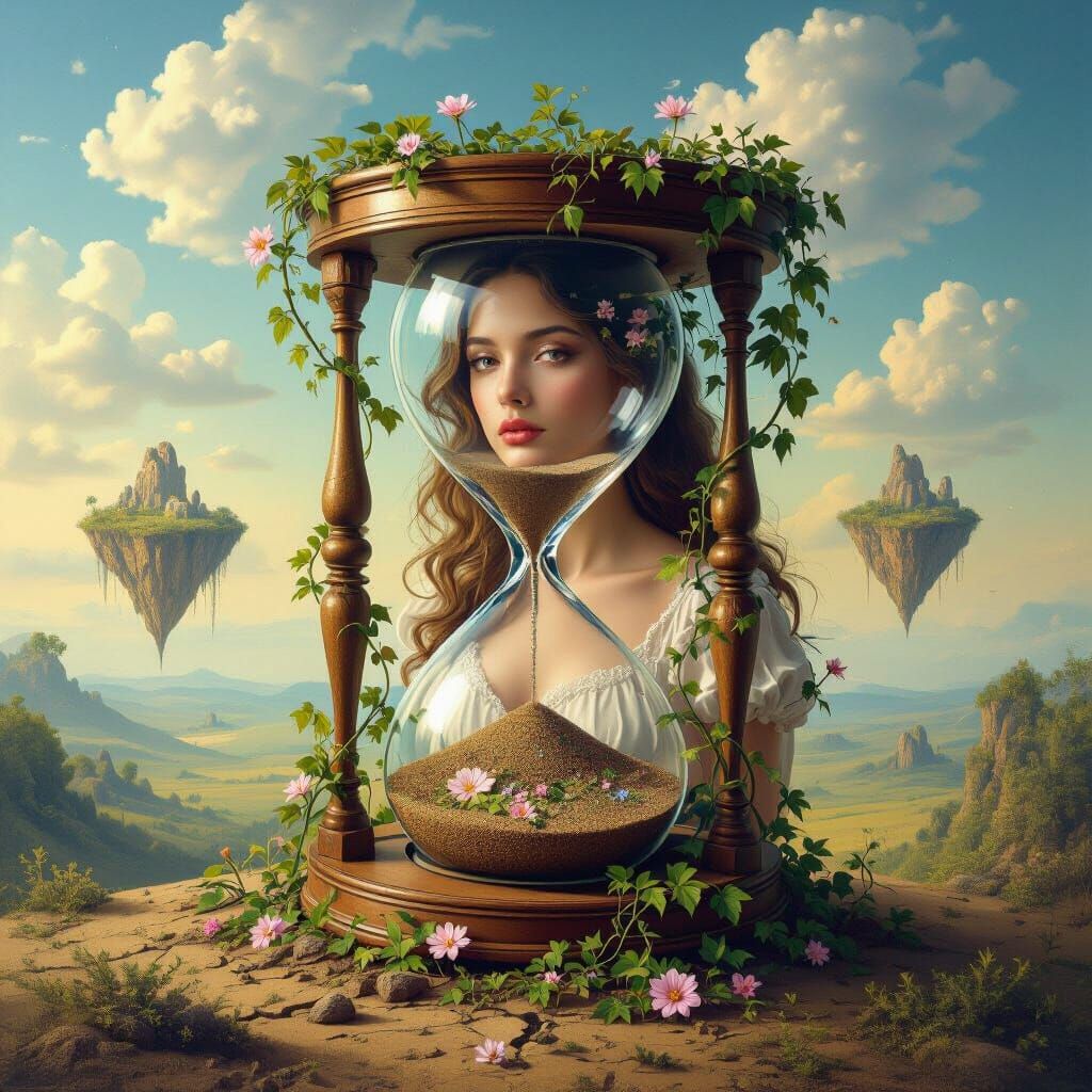 Surreal Hourglass: Vines, Flowers, and Floating Islands