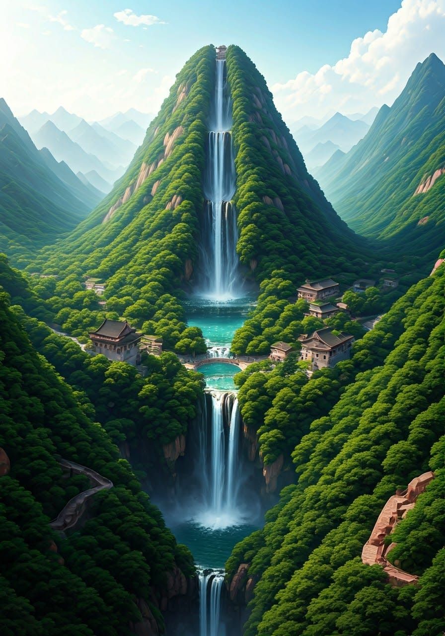Majestic Chinese Mountainscape with Tiered Waterfalls