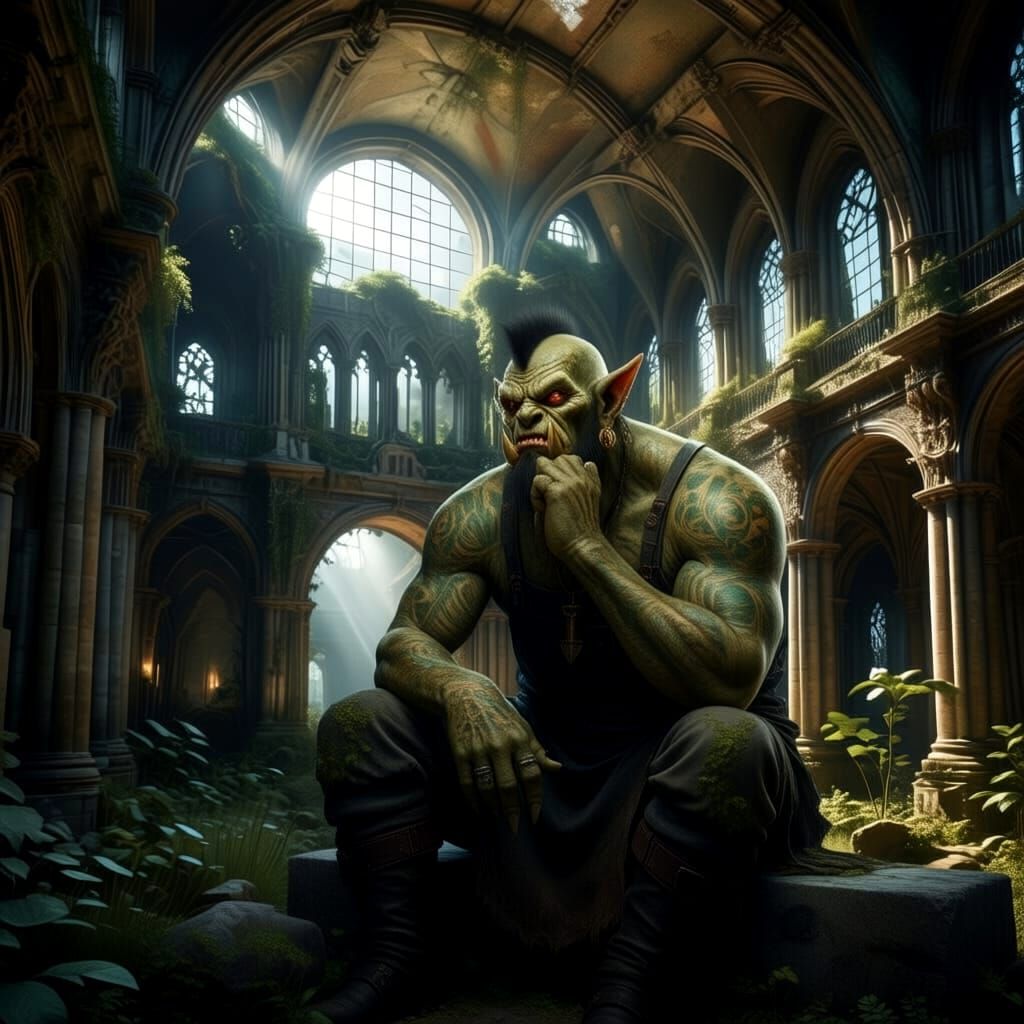 Thoughtful Orc Contemplates Ruined Cathedral