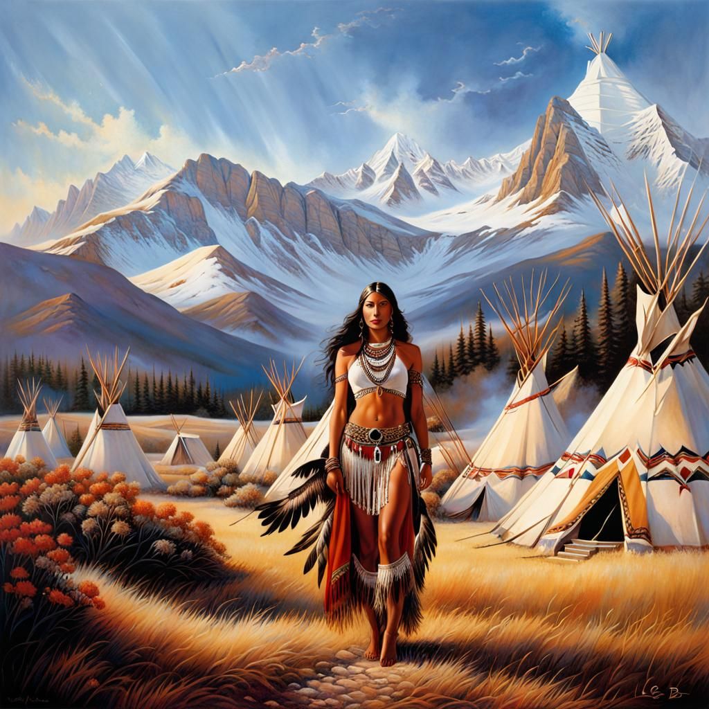 Native American Woman Portrait with Teepee and Mountains