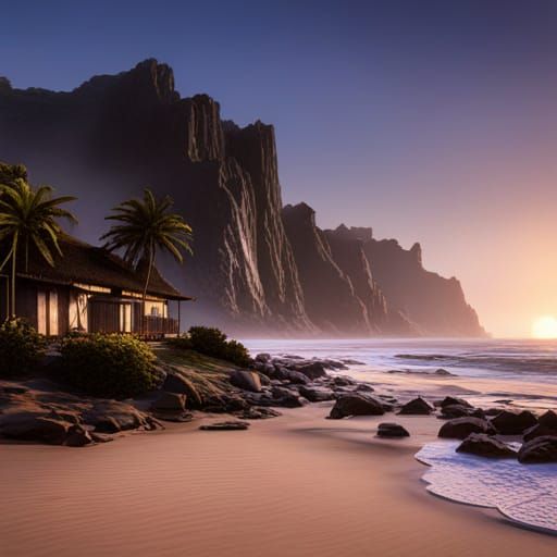 1880s misty beach in Hawaai