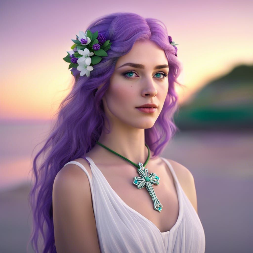 Purple Haired Girl on Beach at Sunset