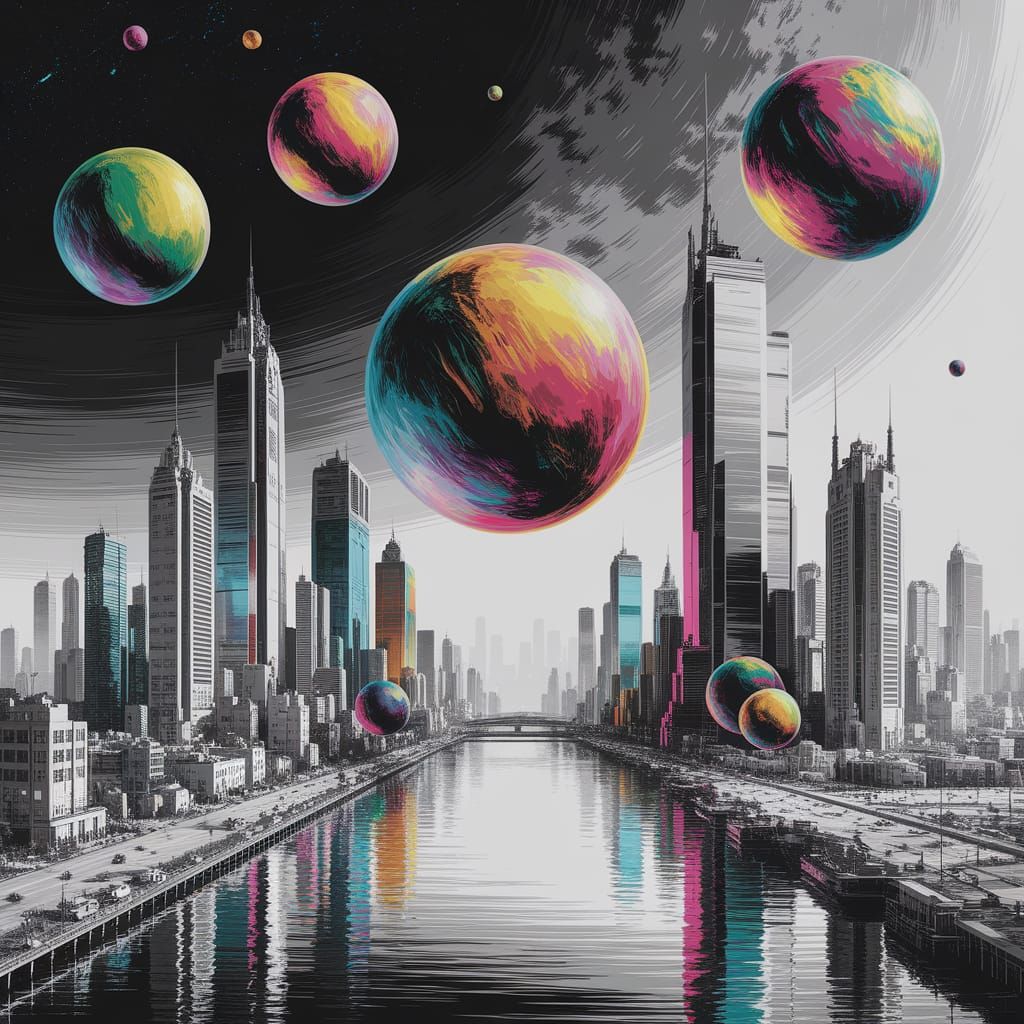 Futuristic Cityscape with Whimsical Fruit Elements