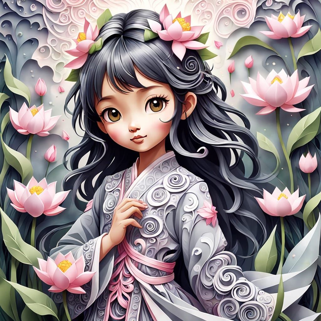 Serene Asian Princess in Lotus Gown