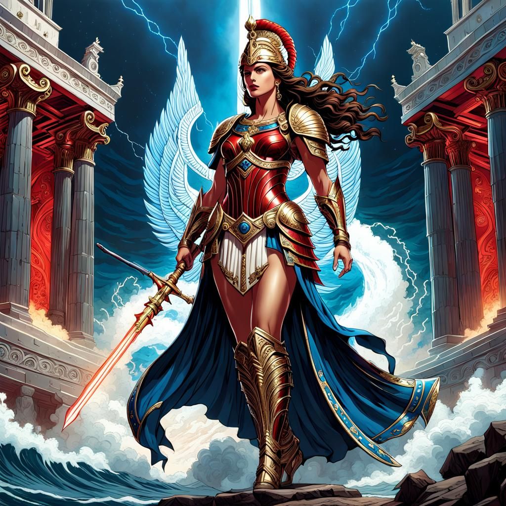 Athena in Phalanx Armor on Stormy Seas