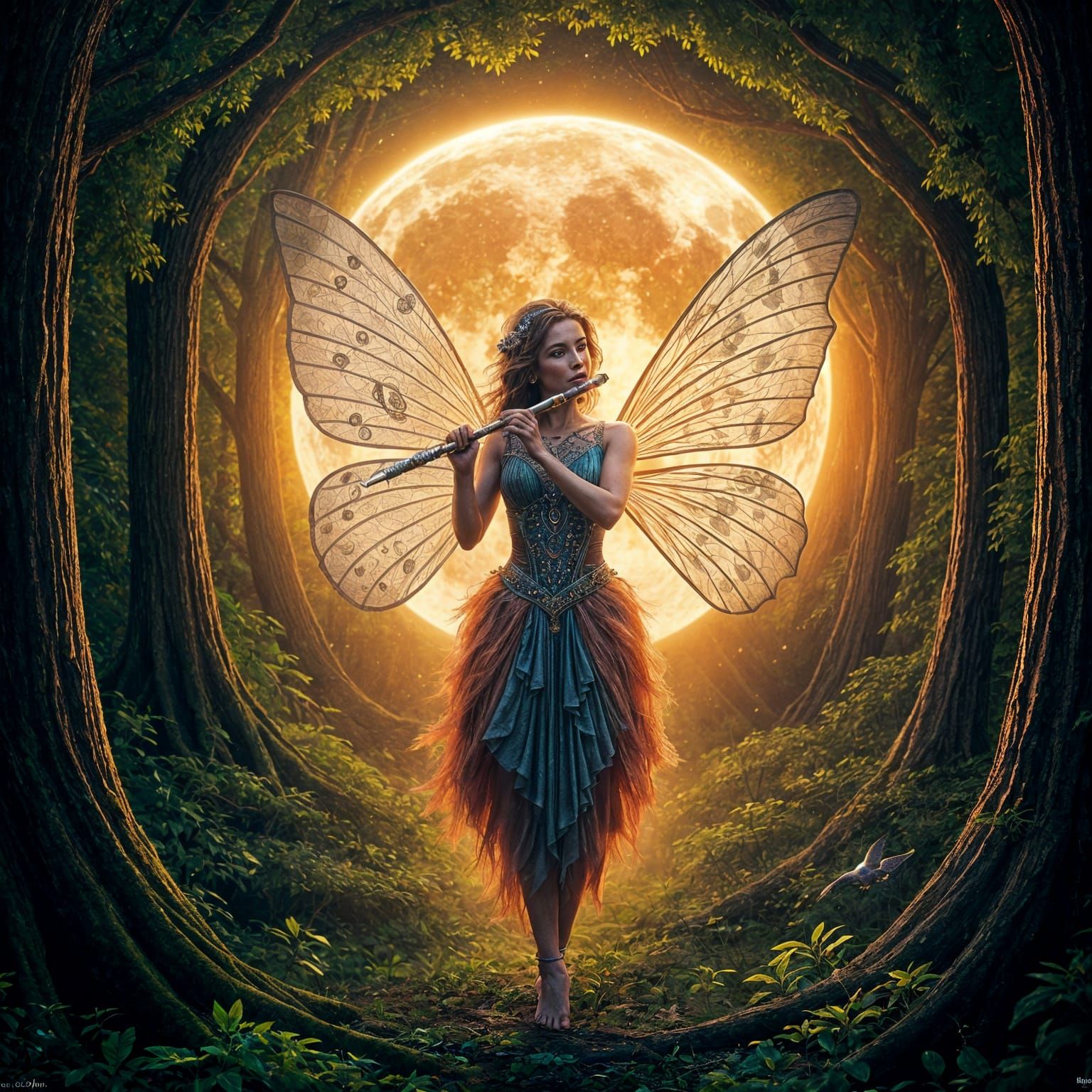 Musical Fairy in Fantastic Forest Under Orange Moon