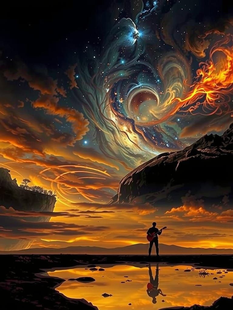 Lone Guitarist on Alien Planet Under Cosmic Sky