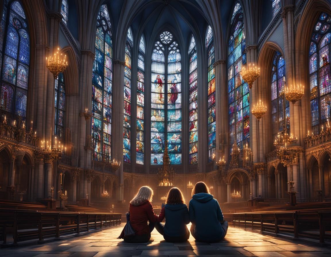 Friends Admiring Stained Glass in New York Cathedral