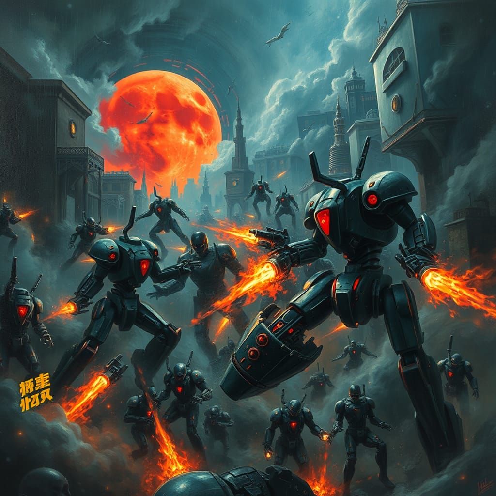 Robotic War Erupts in Detailed Cityscape Painting