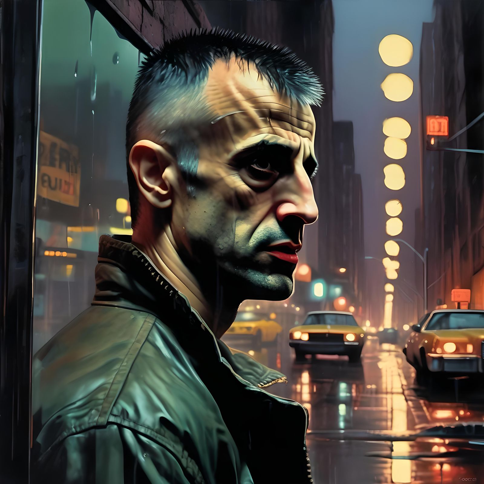"Travis Bickle speaks to his mirror reflection in a dimly lit cityscape. Capture the isolation and madness in his eyes w...