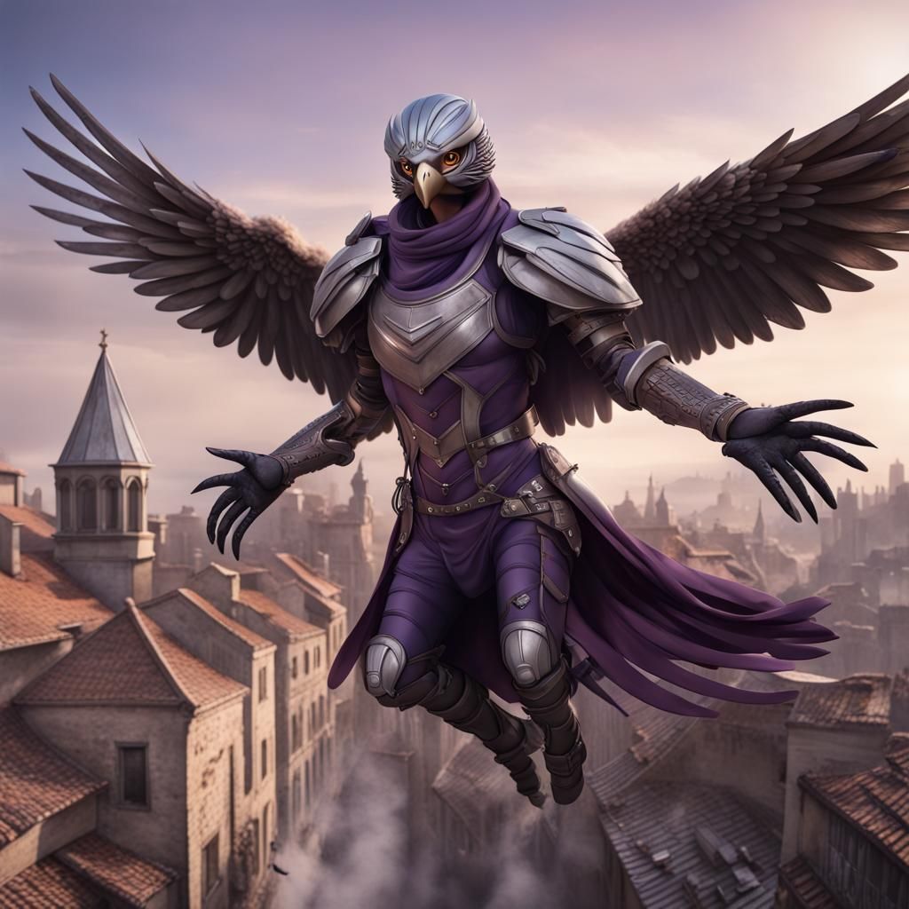 Purple Falcon-Humanoid Hybrid Over Medieval Town