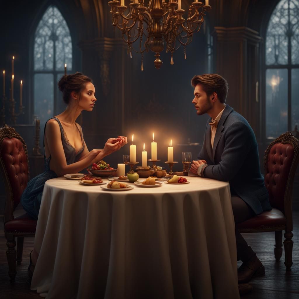 Romantic Candlelit Dinner: Detailed Fantasy Art