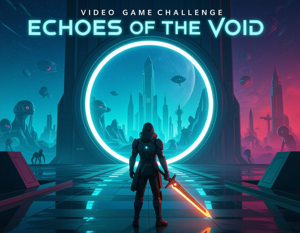 Synthwave Character Before Glowing Portal in Utopian City