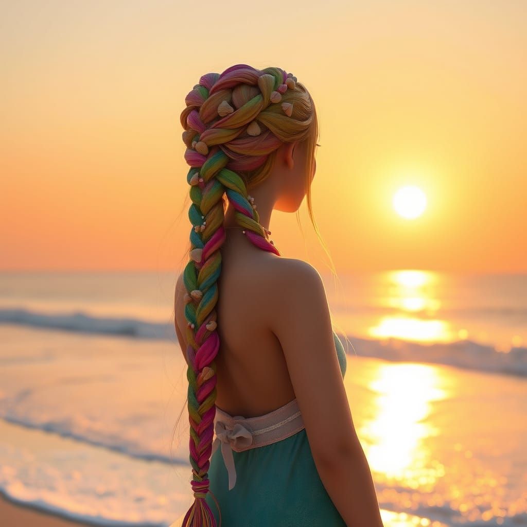 Whimsical Beach Goddess in Rainbow Hair, Seashells, and Suns...