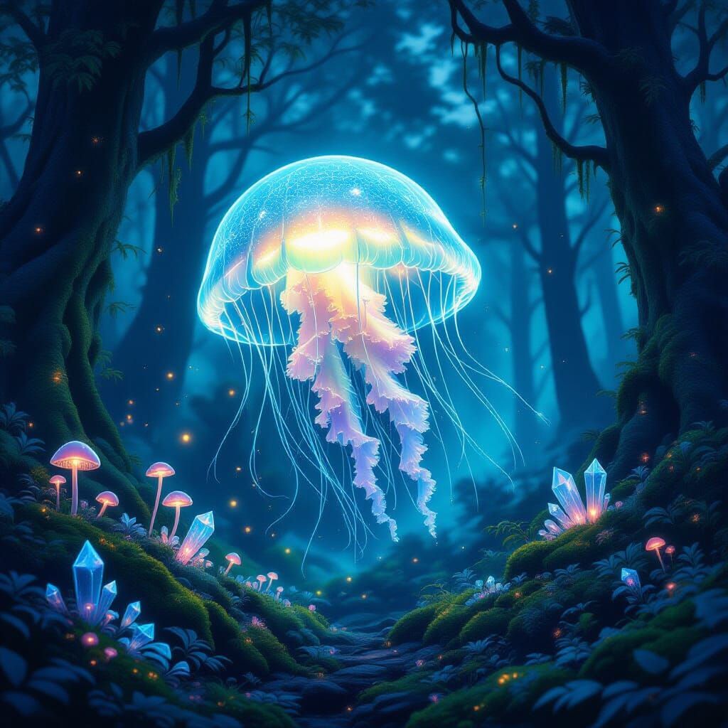 Bioluminescent Jellyfish in Ancient Forest Twilight