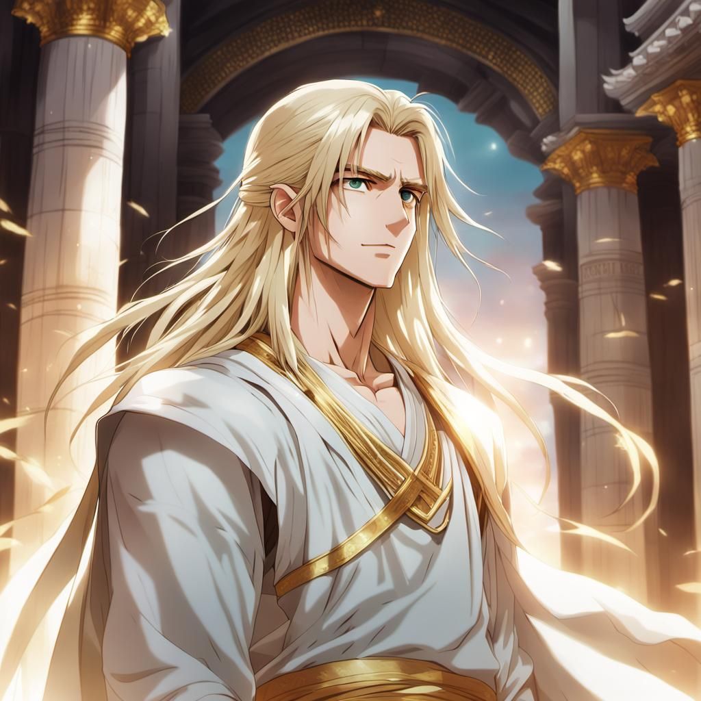 Blonde Anime Man in Ancient Temple, Studio Trigger Style