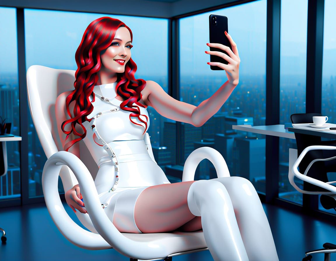 A striking and imaginative scene set in a modern office environment. At the center, a figure designed to resemble a woma...