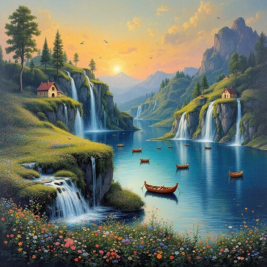 Surreal Waterfalls and Lake as Dreamlike Oil Painting