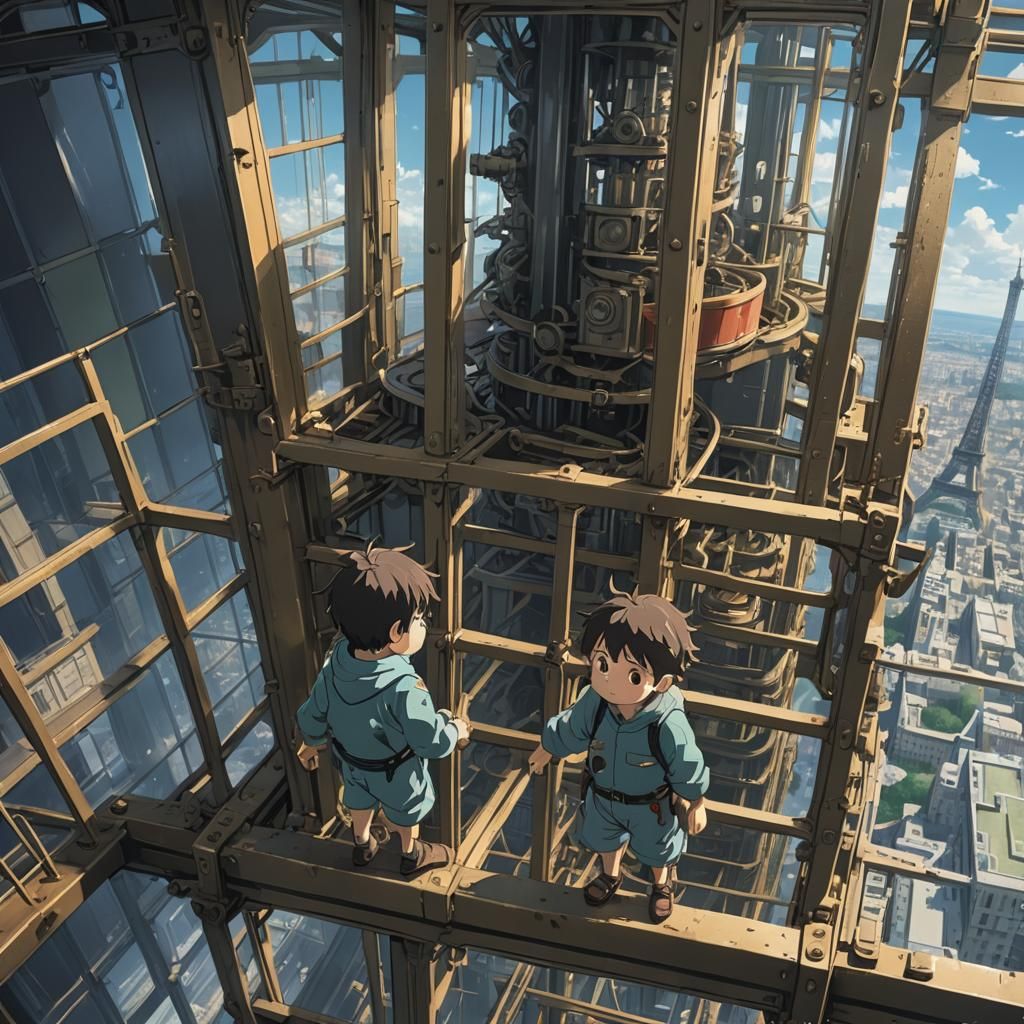 Kids Balancing on Eiffel Tower, Anime Style