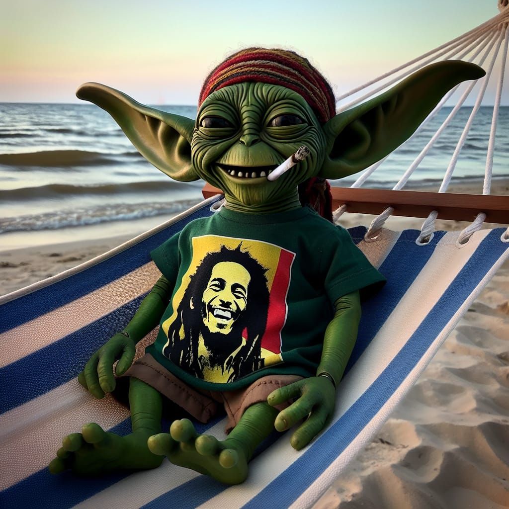 Maître Yoda fume un joint posé sur un hamac au bord de la mer avec un t-shirt de Bob Marley