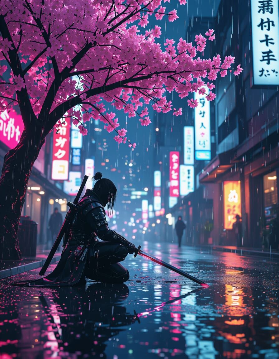 Cyber-Samurai in Rainy Tokyo: a Cyberpunk Vision