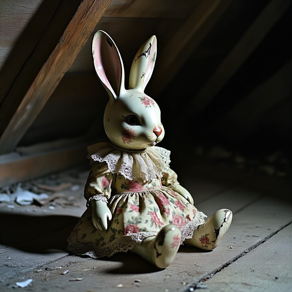 Porcelain Bunny Toy in Moonlight, Eerie Attic Scene