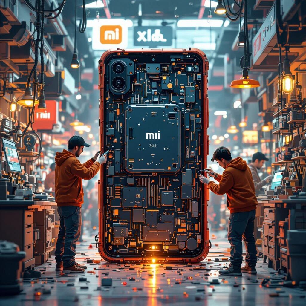 Mobile Engineers Repairing Giant AI Phone, Hyperrealistic Co...