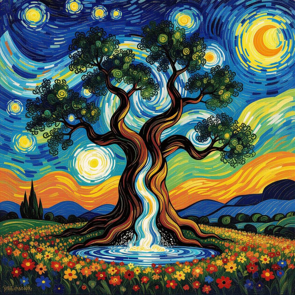 Tree Fountain with Van Gogh Sky and Luminous Paint
