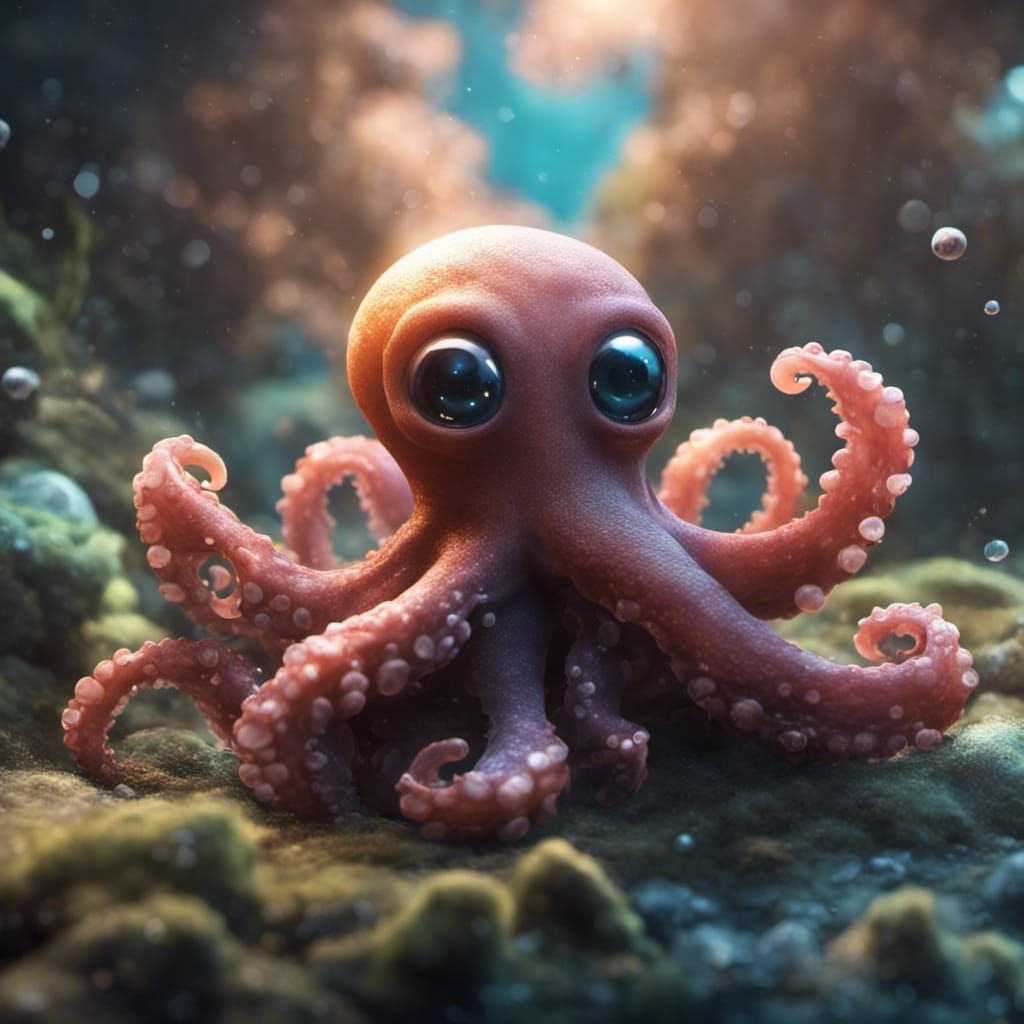 Inquisitive Baby Octopus in Whimsical Fantasy Scene