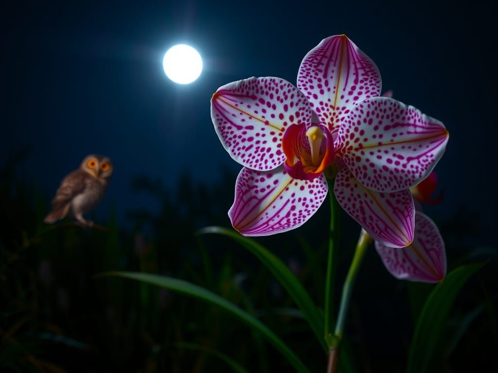 Vibrant Nighttime Bloom with Owl Silhouettes